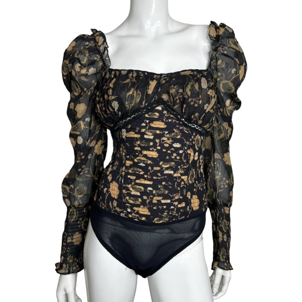 Free People Brunch Date Floral Print Black and Brown Bodysuit Woman's XS‎
